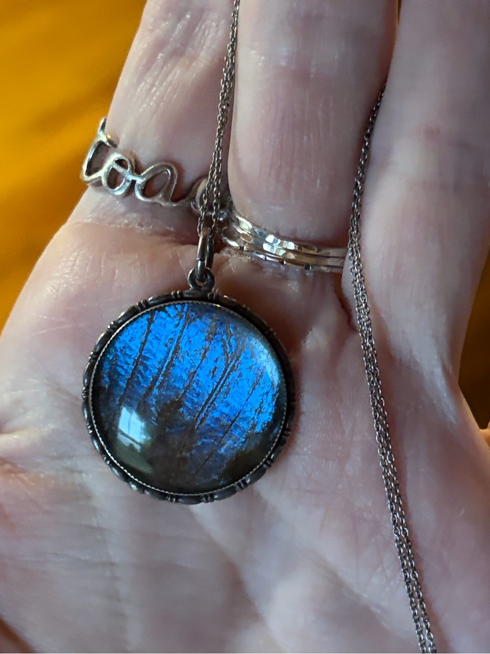 Antique Sterling Silver Morpho Butterfly Wing Round Pendant Necklace - Picture 2 of 10